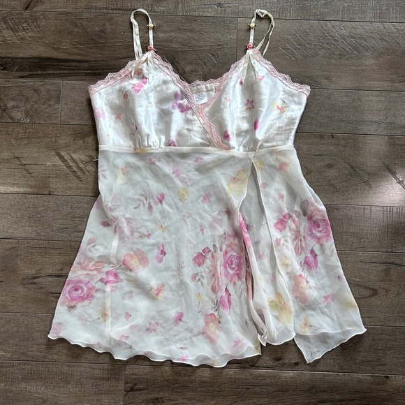 california dynasty Other - Y2K California Dynasty Floral Slip Tank Top White Pink Lace Trim Mini Size L